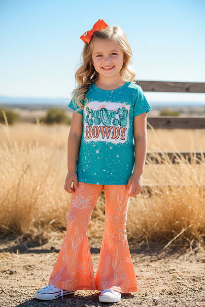 Western chic turquoise top & flare pant girls boutique sets XCH0666-27H