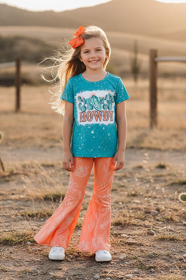 Western chic turquoise top & flare pant girls boutique sets XCH0666-27H