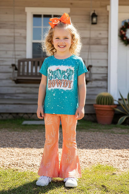 Western chic turquoise top & flare pant girls boutique sets XCH0666-27H
