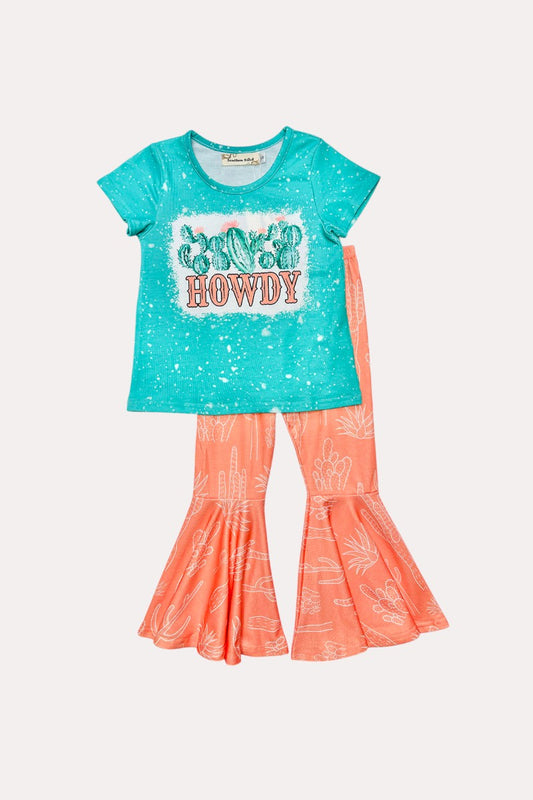 X0666-27 "HOWDY" & Cactus prints top bell bottom 2pc girls sets