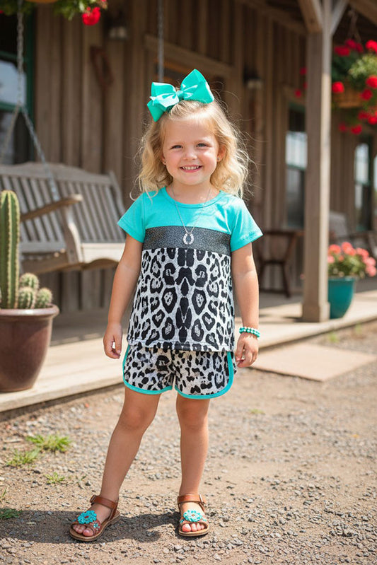 Western mint & grey & leopard top shorts girls boutique set XCH0666-29H