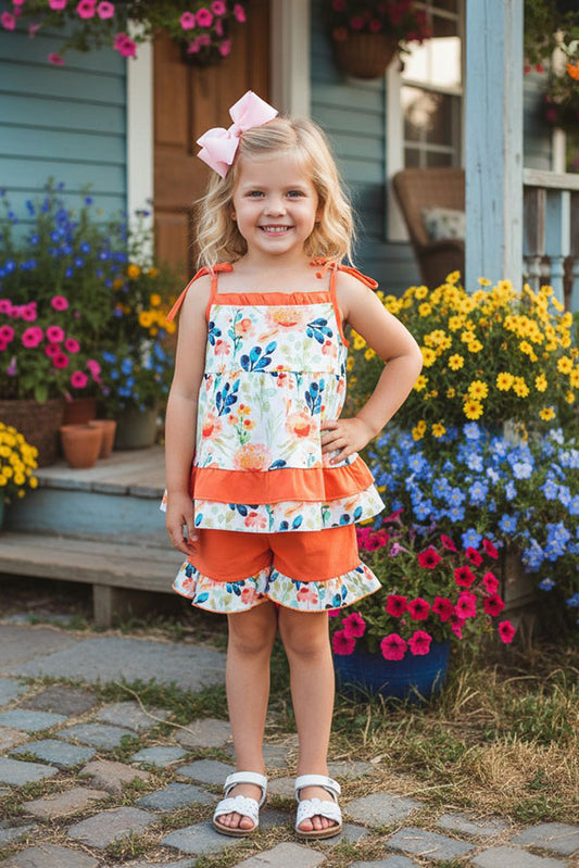 Trendy patchwork floral spaghetti strap top orange shorts girls boutique sets XCH0666-2H