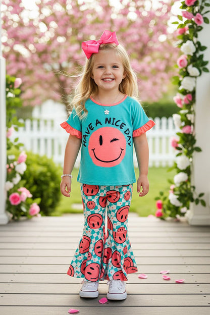 XCH0666-30H "HAVE A NICE DAY" mint top & pink checkered pant 2pc girls sets