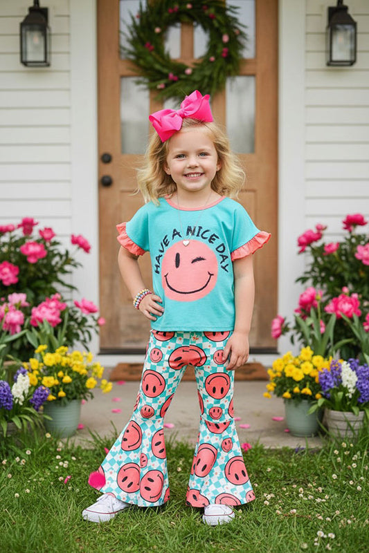 XCH0666-30H "HAVE A NICE DAY" mint top & pink checkered pant 2pc girls sets