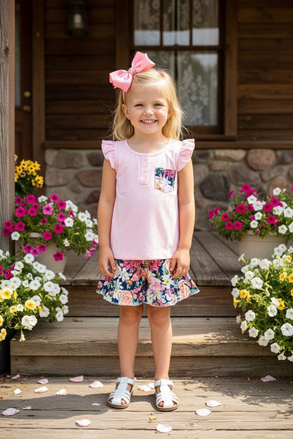 Western trendy pink top floral shorts 2pc girls boutique sets XCH0666-31H
