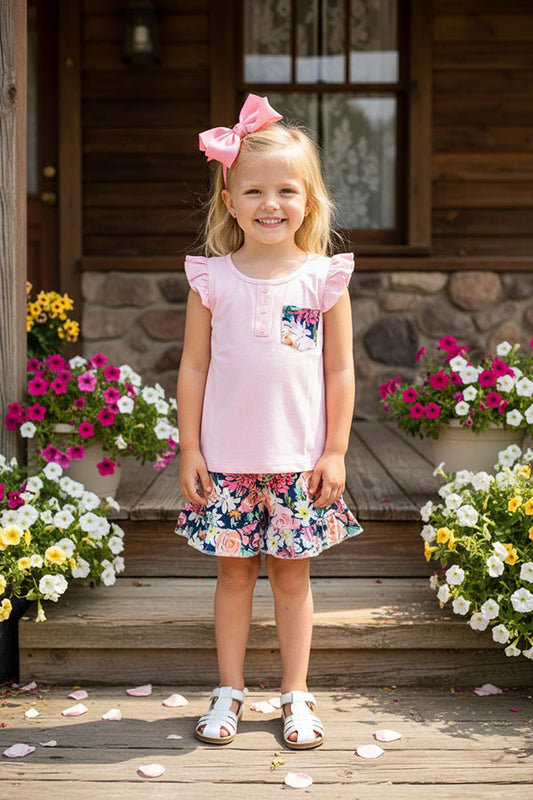 Western trendy pink top floral shorts 2pc girls boutique sets XCH0666-31H