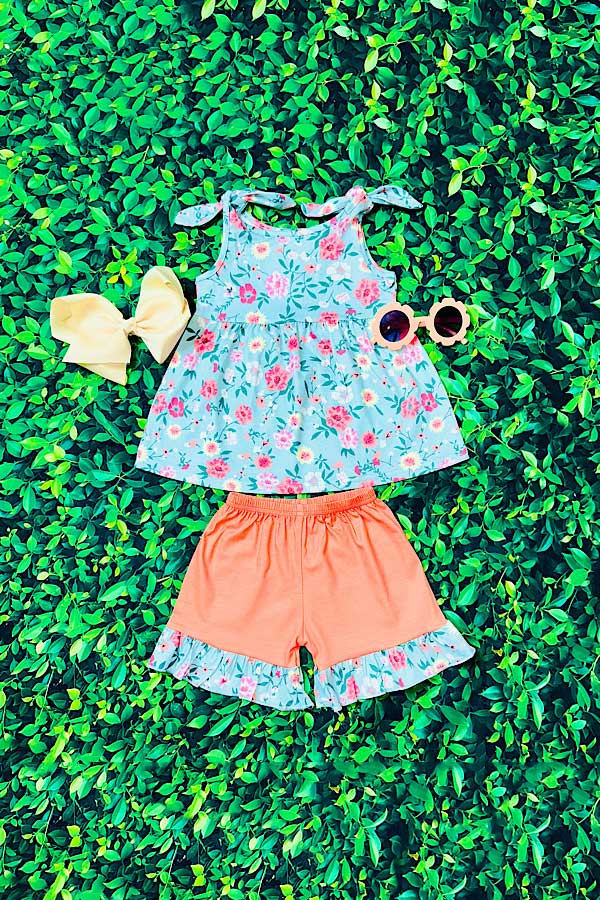 Blue floral printed sleeveless top & coral shorts 2pc girls set  XCH0666-32H