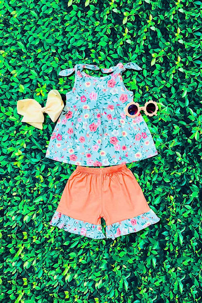 Blue floral printed sleeveless top & coral shorts 2pc girls set  XCH0666-32H