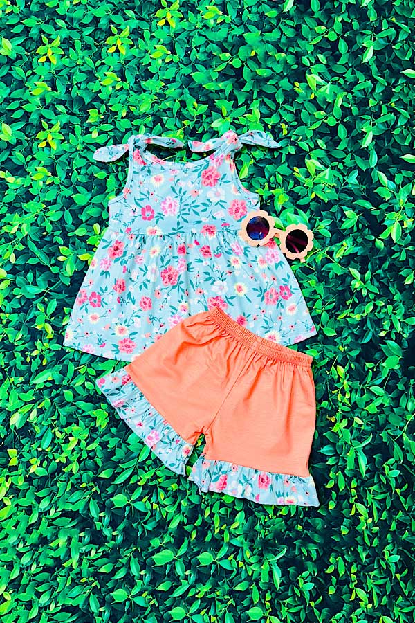 Blue floral printed sleeveless top & coral shorts 2pc girls set  XCH0666-32H
