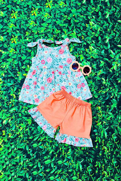 Blue floral printed sleeveless top & coral shorts 2pc girls set  XCH0666-32H