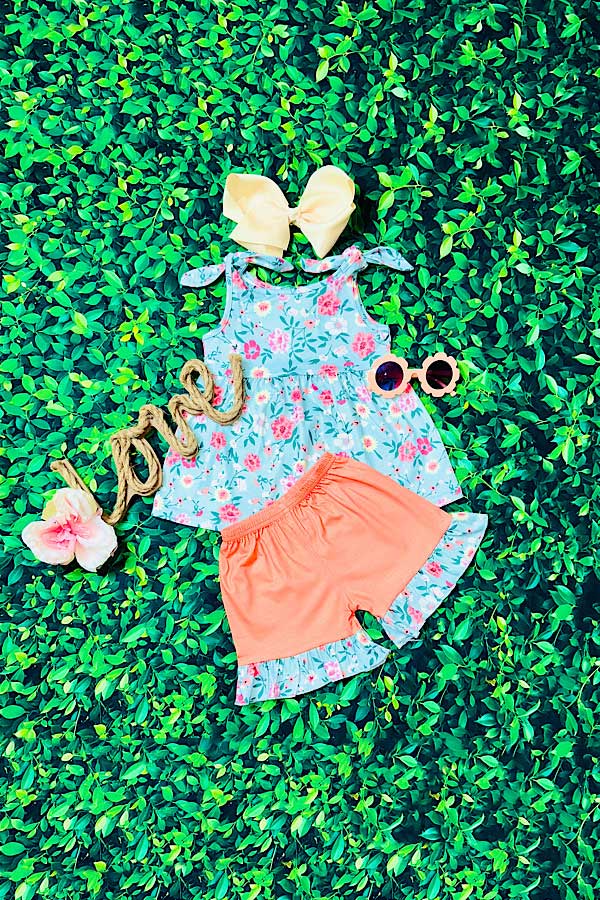 Blue floral printed sleeveless top & coral shorts 2pc girls set  XCH0666-32H