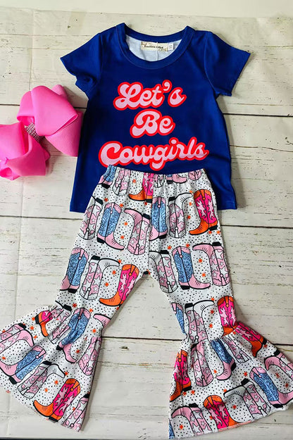 Children's clothes vendors Let's Be Cowgirls blue top & boots prints 2pc sets XCH0666-33H