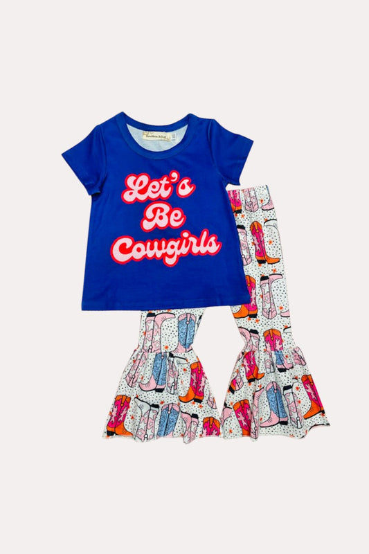X0666-33 "LET'S BE COWGIRLS" multicolor boots print 2pc girls set