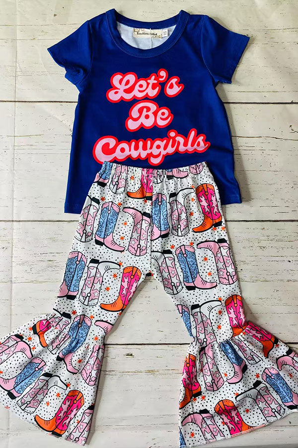 Children's clothes vendors Let's Be Cowgirls blue top & boots prints 2pc sets XCH0666-33H