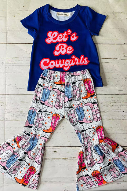 Children's clothes vendors Let's Be Cowgirls blue top & boots prints 2pc sets XCH0666-33H