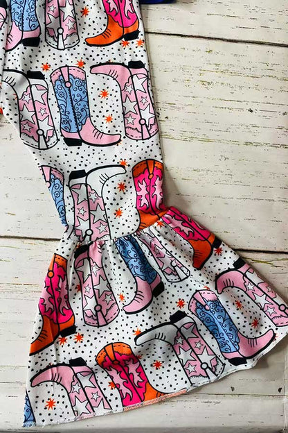 Children's clothes vendors Let's Be Cowgirls blue top & boots prints 2pc sets XCH0666-33H