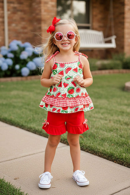 Green & red watermelon ruffle girls boutique set XCH0666-3H