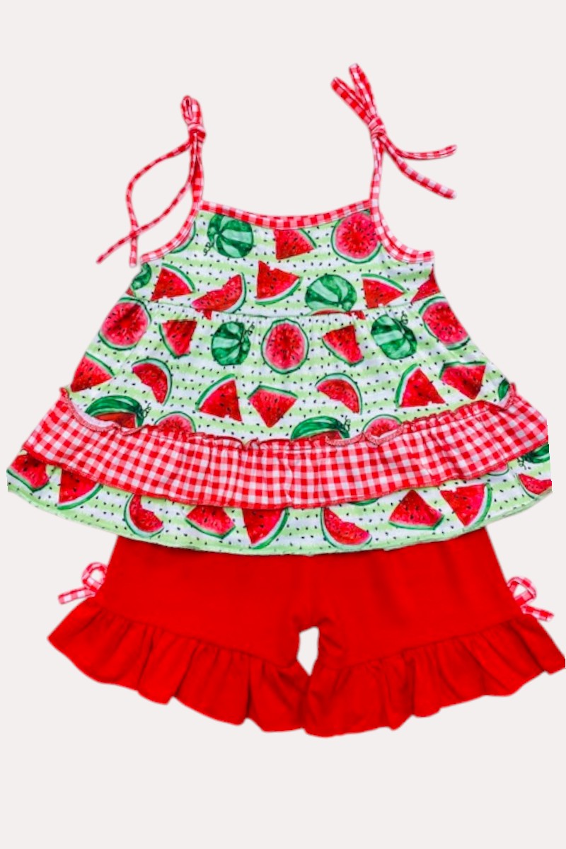 X0666-3 Green & red watermelon printed top & ruffle shorts 2pc girls set