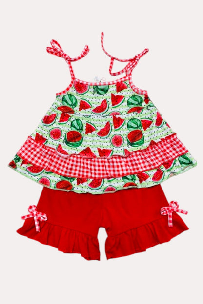 X0666-3 Green & red watermelon printed top & ruffle shorts 2pc girls set