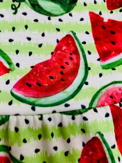 X0666-3 Green & red watermelon printed top & ruffle shorts 2pc girls set