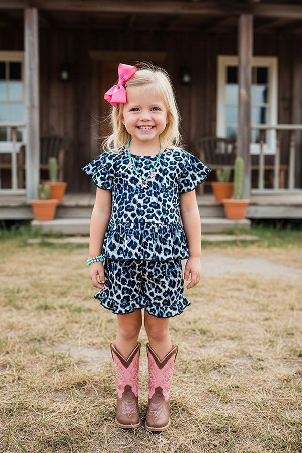 Western leopard tops & ruffle shorts girlsboutique sets XCH0666-4H