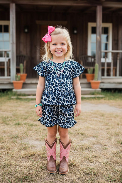 Western leopard tops & ruffle shorts girlsboutique sets XCH0666-4H
