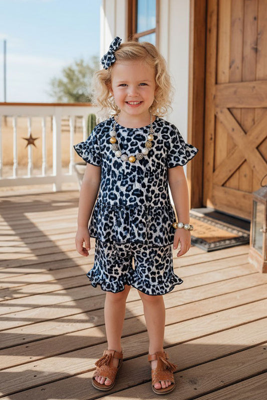 Western leopard tops & ruffle shorts girlsboutique sets XCH0666-4H