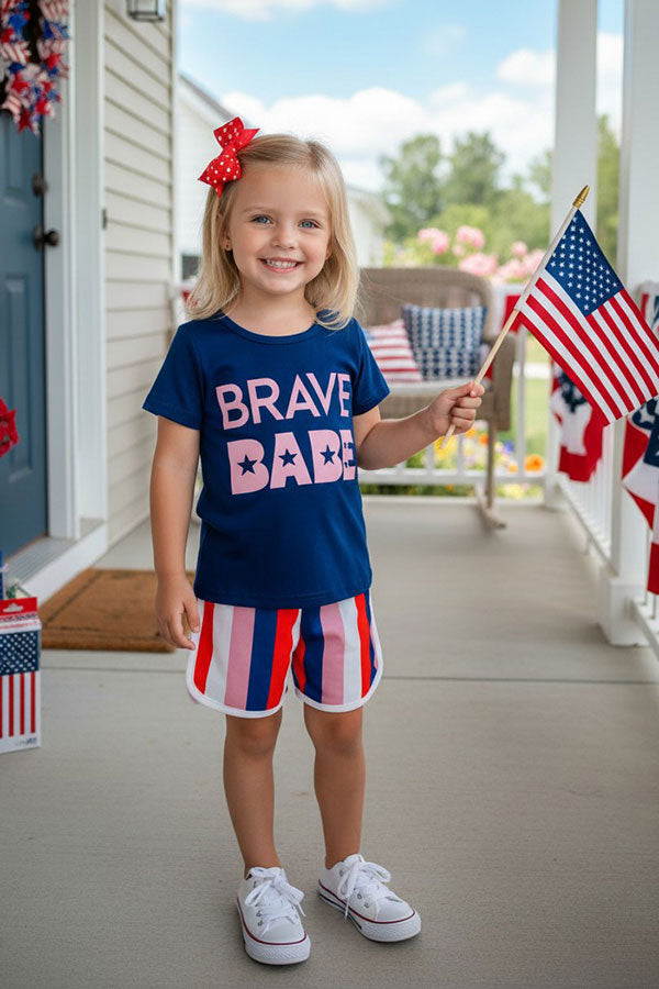 Shop kids clothes Navy blue "BRAVE BABE" & stripes 2pc girls sets XCH0666-7H