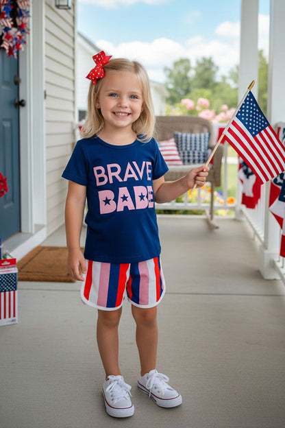 Shop kids clothes Navy blue "BRAVE BABE" & stripes 2pc girls sets XCH0666-7H