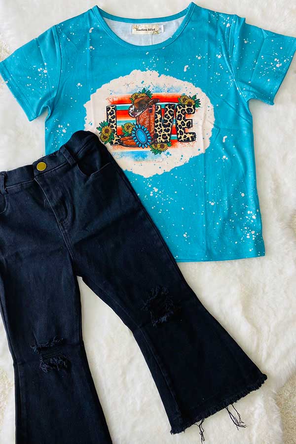 Turquoise short sleeve girl t-shirt & black jeans 2pc girls set XCH0722-2H/DLH2694