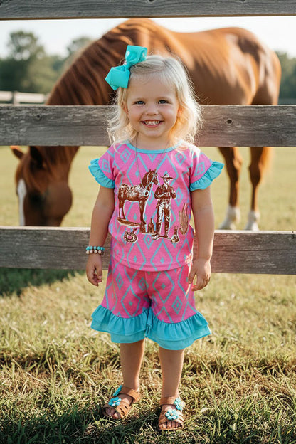 Western cowboy aztec & turquoise ruffle top & shorts girls boutique set XCH0777-15H