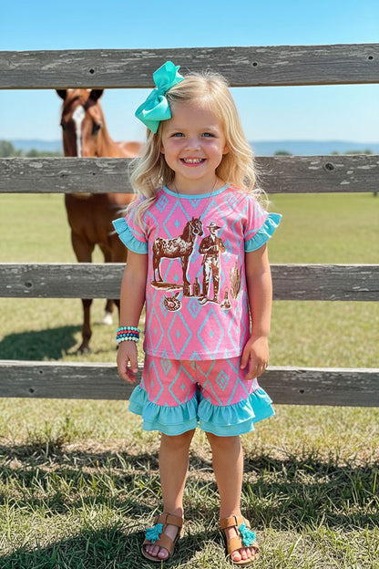 Western cowboy aztec & turquoise ruffle top & shorts girls boutique set XCH0777-15H