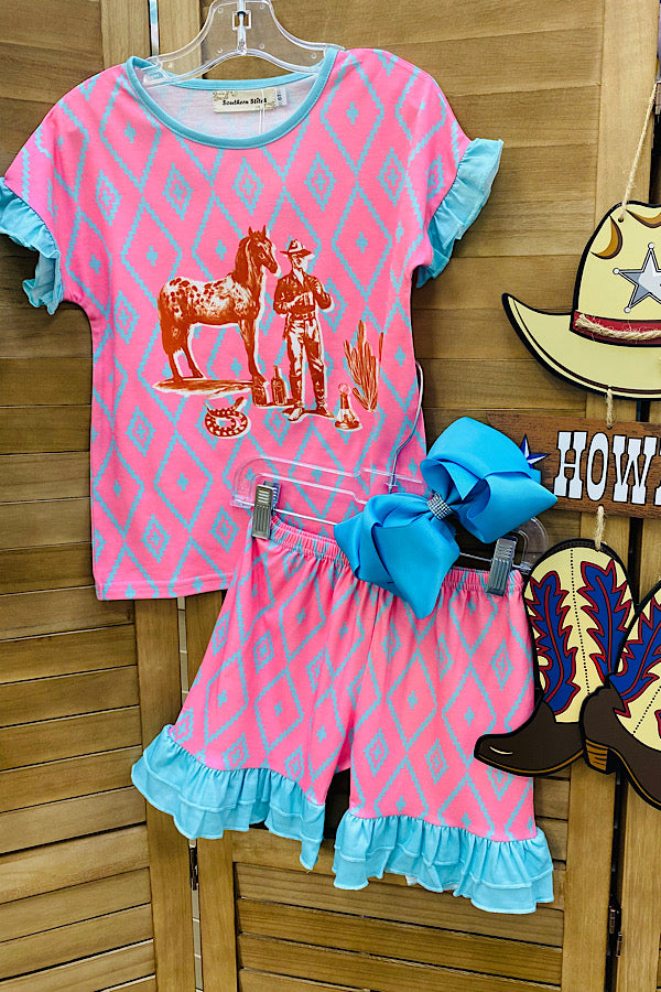 Western cowboy aztec & turquoise ruffle top & shorts girls boutique set XCH0777-15H