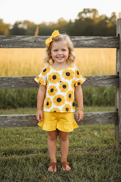 Western sunflower top w/yellow ruffle shorts 2pc girls boutique set XCH0777-16H