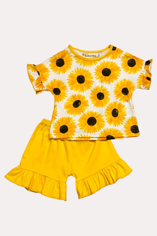 X0777-16 Sunflower top w/yellow ruffle shorts 2pc girls set