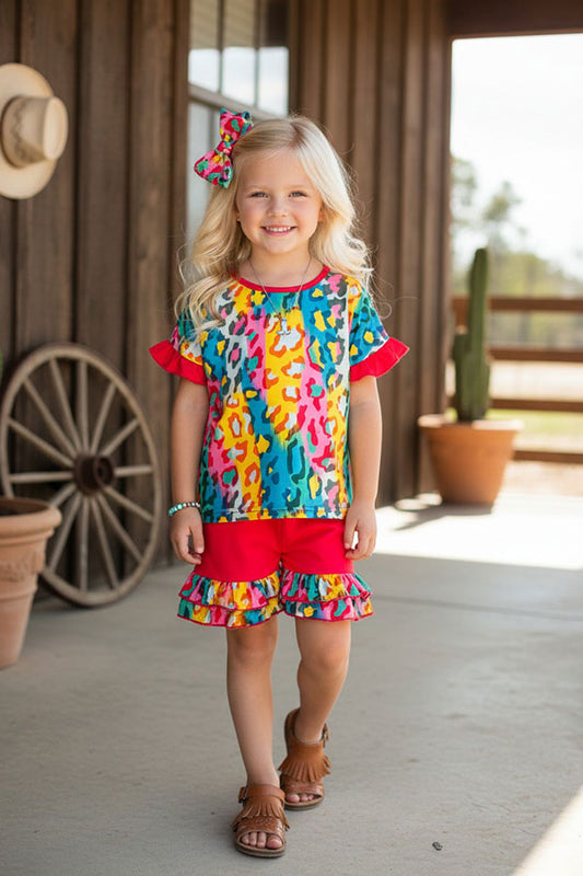 Western leopard print ruffle top & shorts 2pcs girls boutique set XCH0777-17H