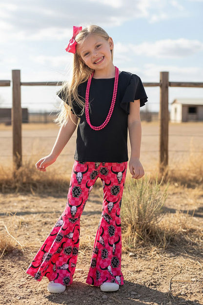 Western black top & bull skull pant girls boutique set XCH0777-18H