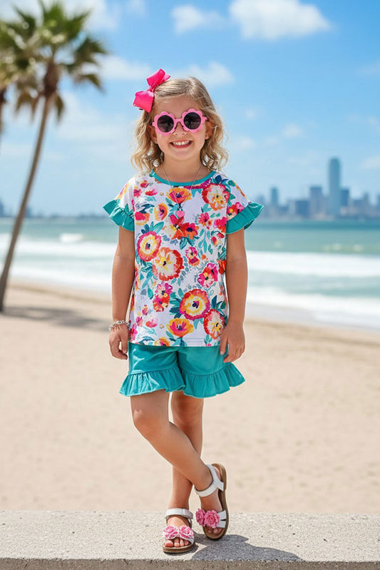 Chic floral top turquoise shorts girls boutique sets XCH0777-21H