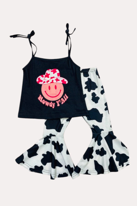 X0777-22 "HOWDY Y'ALL" cow print & smiley face 2pc girls set