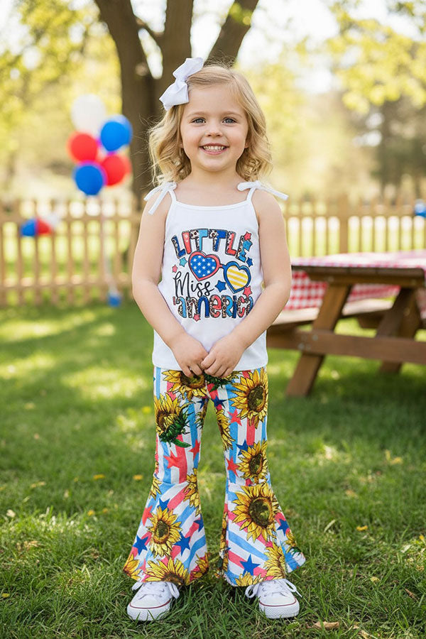 4th July "LITTLE MISS AMERICA" sunflowers & stars patriotic 2pc girls set XCH0777-24H