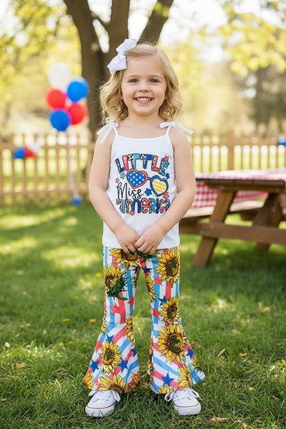 4th July "LITTLE MISS AMERICA" sunflowers & stars patriotic 2pc girls set XCH0777-24H