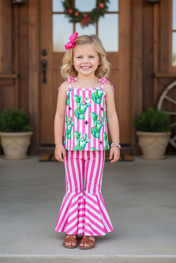 Western cactus & pink strips top pant girls boutique set XCH0777-25H