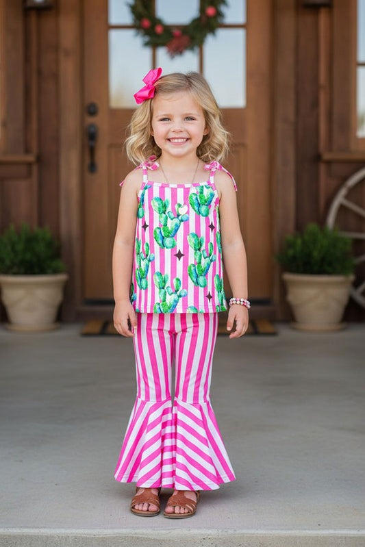 Western cactus & pink strips top pant girls boutique set XCH0777-25H