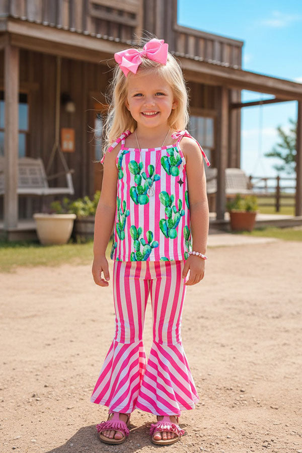 Western cactus & pink strips top pant girls boutique set XCH0777-25H