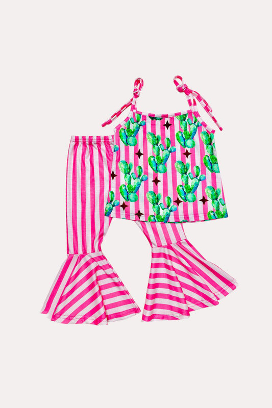 X0777-25 Pink & white stripped print w/cactus 2pc girls sets