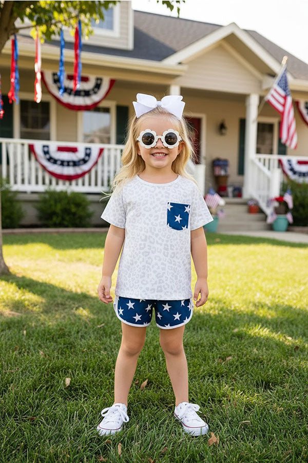 Girls sets Light gray cheetah & navy blue stars 2pc short sleeve set XCH0777-29H