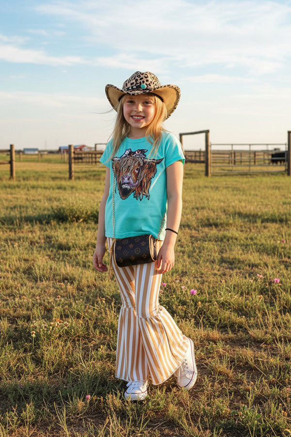 Western cow turquoise & tan stripped bell bottom girl's boutique set XCH0777-30H