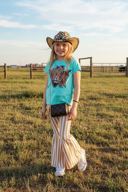 Western cow turquoise & tan stripped bell bottom girl's boutique set XCH0777-30H