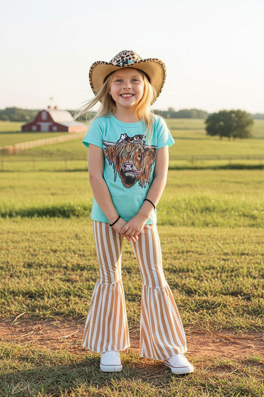 Western cow turquoise & tan stripped bell bottom girl's boutique set XCH0777-30H