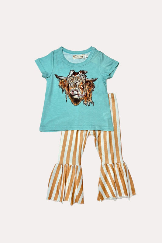 X0777-30 Aqua bull top w/stripped bell bottoms 2pc girls sets